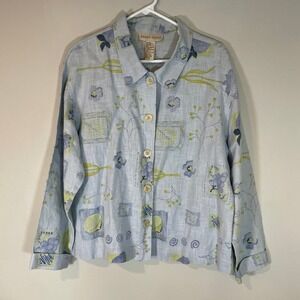 Sweet Jessie Blue Floral Lemon Linen Button Down Shirt Shacket M Cottagecore